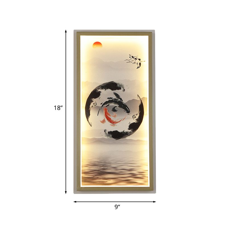 Chinese Carps Painting Fabric Mural Lamp LED Wall Sconce Light in Black and Red for Dining Room