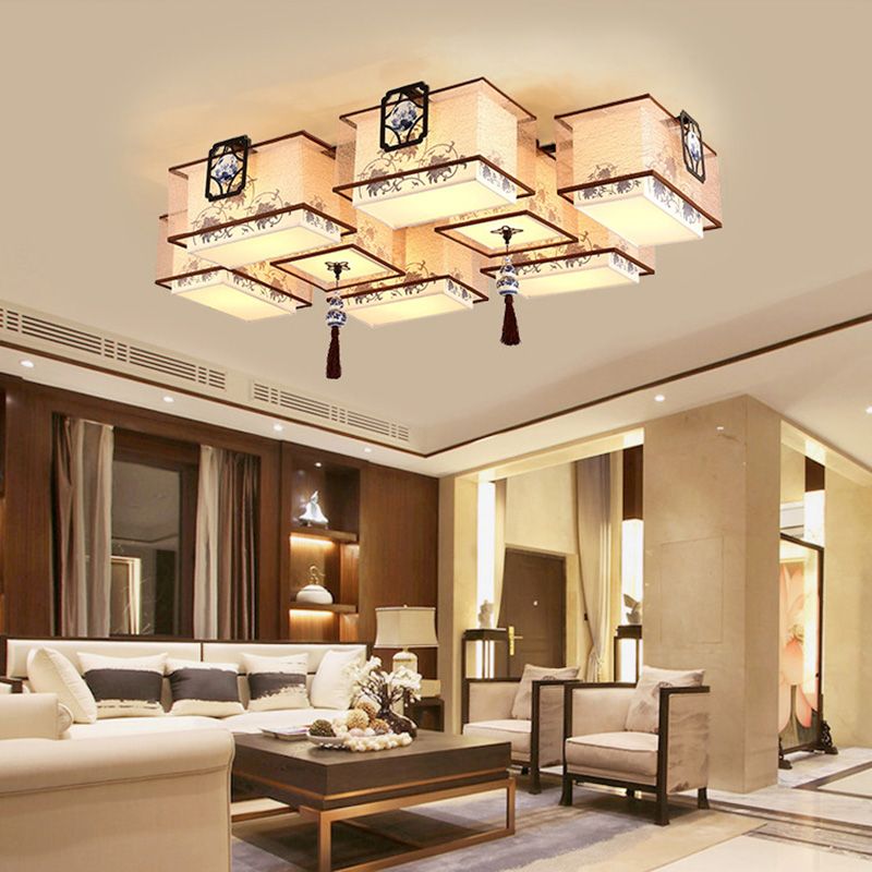 Chinese Style Flush Ceiling Light Fixture with Beige Fabric Shade for Living Room