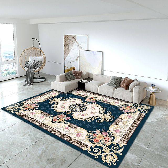 Blue European Carpet Medallion Print Polyester Area Rug Stain Resistant Rug for Home Decor
