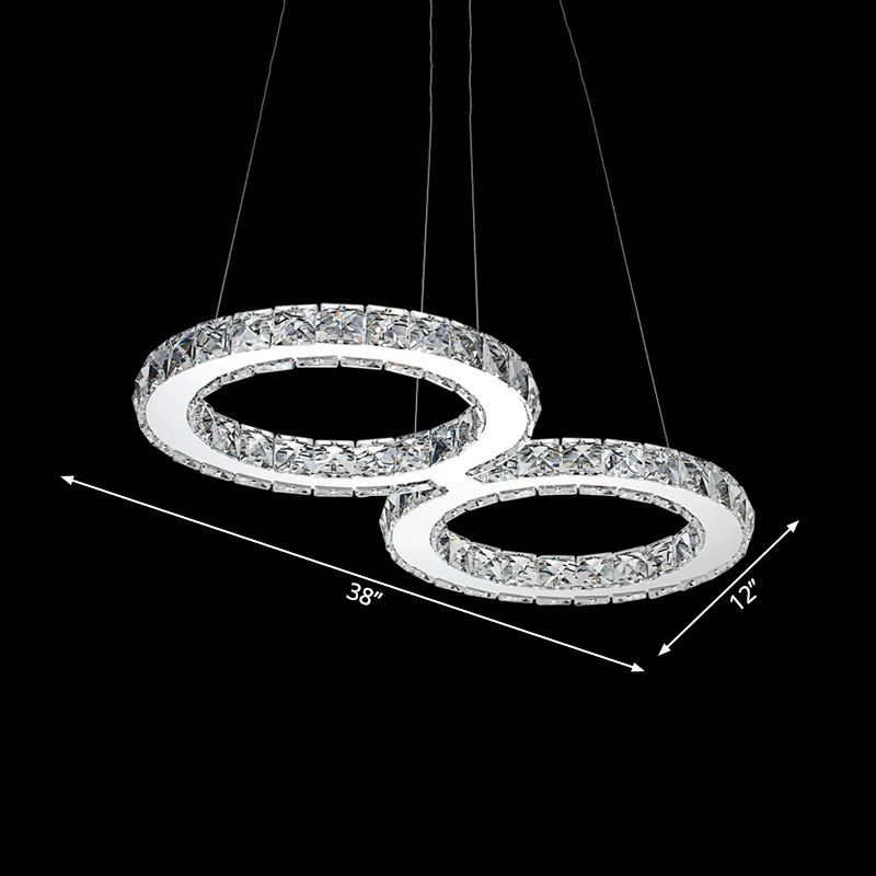 Double Ring Crystal Hanging Pendant Light Modern 2 Heads Silver LED Chandelier Lamp in Warm/White Light for Dining Room