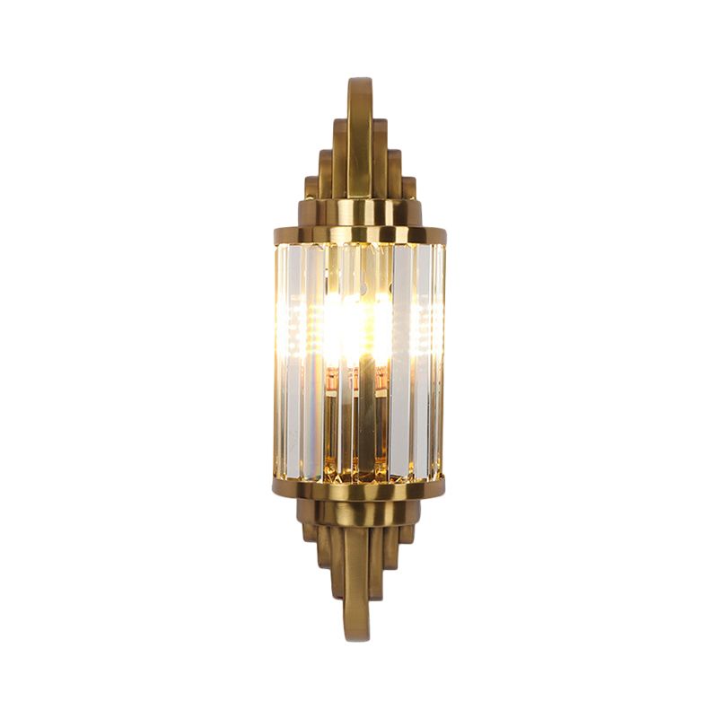 Gold Finish Half Cylinder Sconce Postmodern 1-Head Crystal Prisms Wall Light Fixture for Living Room
