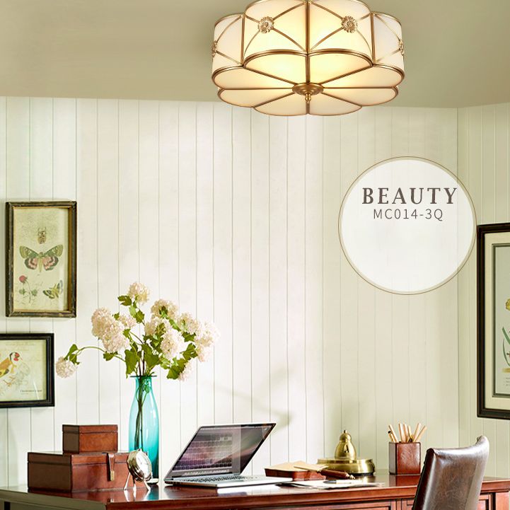 White Frosted Glass Drum Ceiling Light Traditional Rustic Style Brass Lighting Fixture for Bedroom Living Room