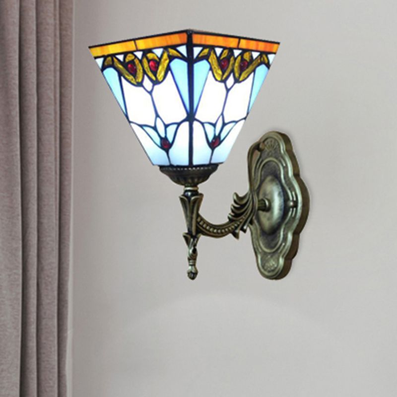 Pyramid Study Room Wall Light Stained Glass 1 Head Tiffany Victorian Sconce Lamp in Blue