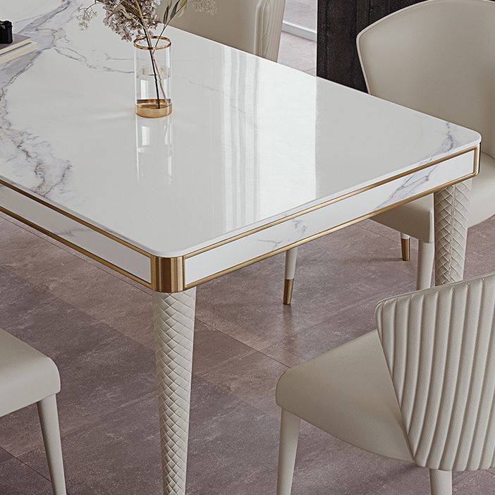 Mesa de comedor medieval moderna de lujo con tapa de piedra sinterizada, mesa rectangular en blanco con 4 patas