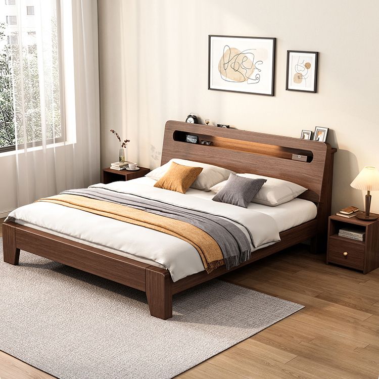 Modern 31.49" H Solid Wood Standard Bed in Brown with Rectangle Headboard