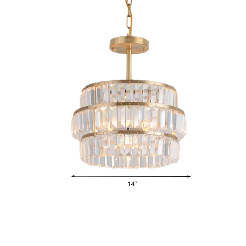 Brass Layered Ceiling Chandelier Modernist 3 Bulbs Cut Crystal Suspension Pendant Light