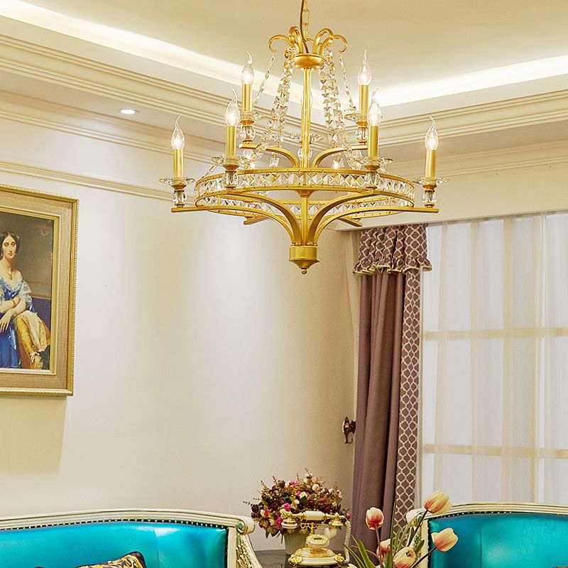 9 Lights Candle Chandelier Lighting Rustic Gold Metal Pendant Lamp for Dining Room with Crystal Beaded Strands