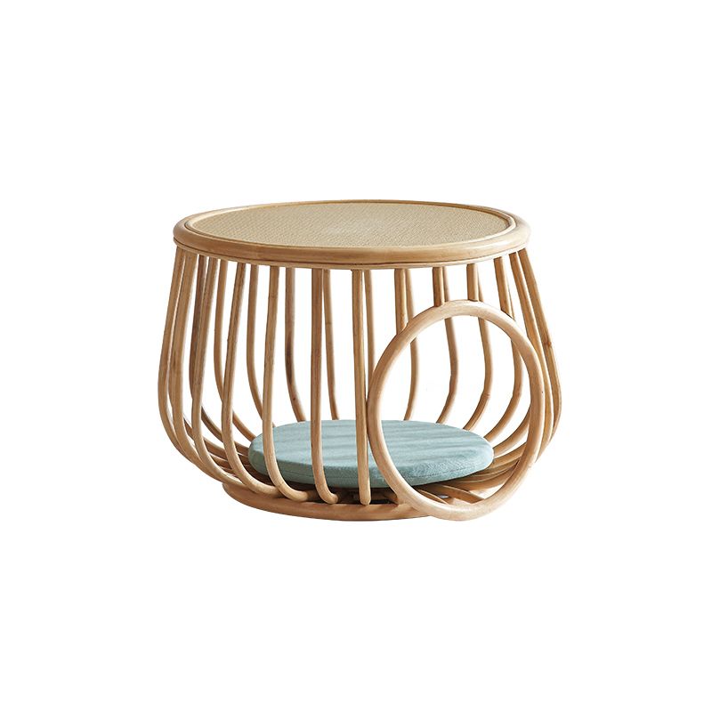 Asian Drum End Table Round Rattan Accent Side Table with Storage