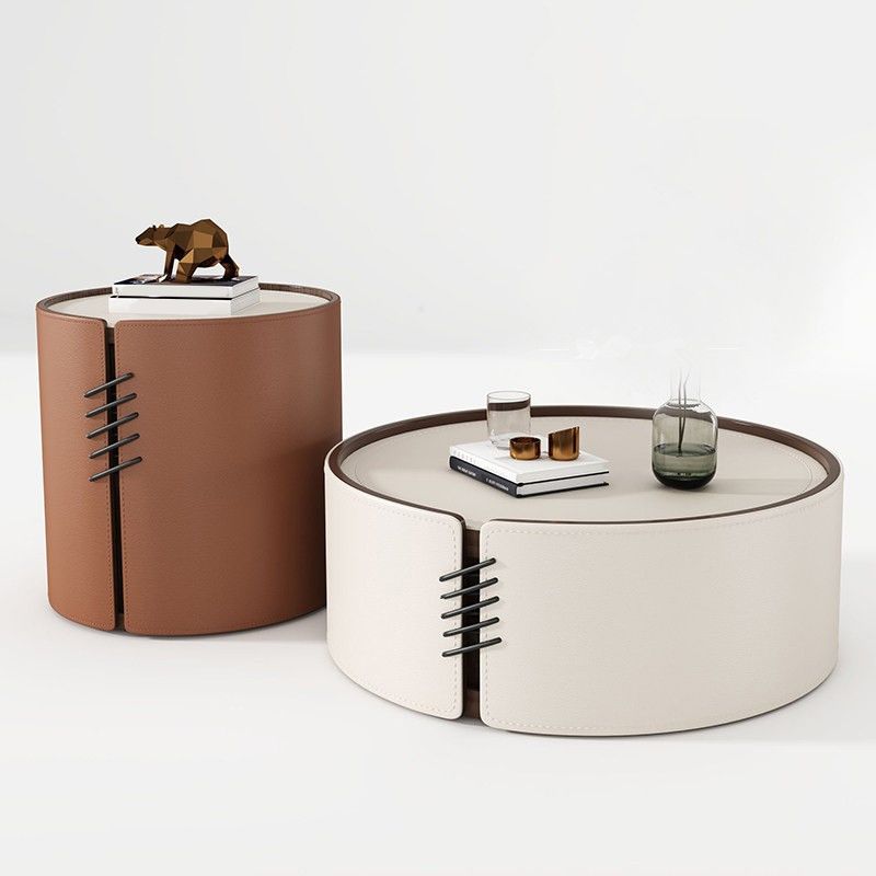 Contemporary Round Coffee Table Leather and Stone Coffee or End Table Drum