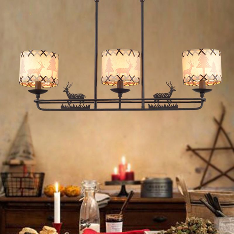 3 Lights Dining Room Island Lighting Traditional Black Hanging Lamp with Barrel Fabric Shade