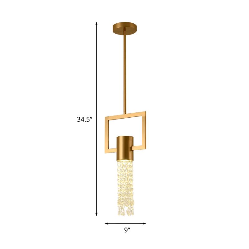 Brass Rectangle Drop Pendant Postmodern Metal 1-Light Bedside Hanging Lamp with Crystal Fringe