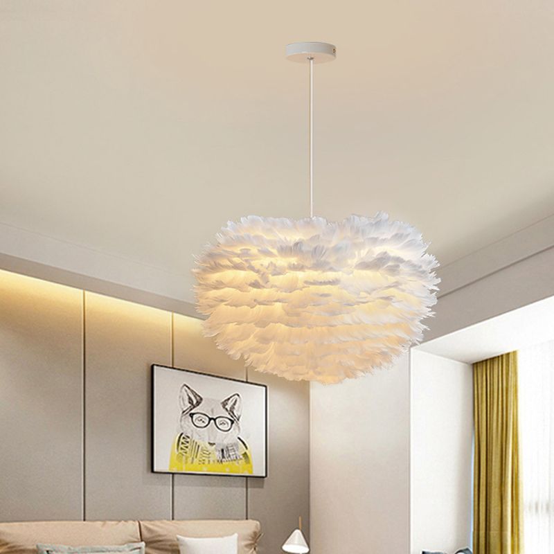 Feather Hemispherical Pendant Lamp Minimalism Feather White Suspension Light for Bedroom