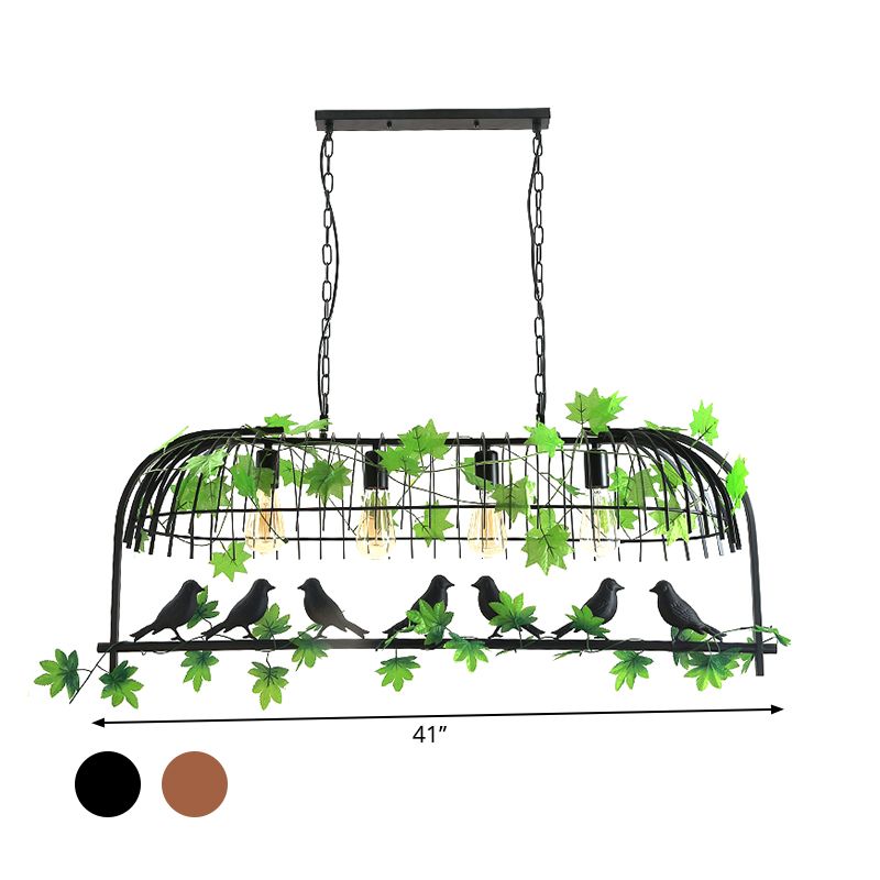 Birdcage Dining Room Island Light Industrial Iron 4-Head Black/Bronze Hanging Pendant with Decorative Plant and Bird