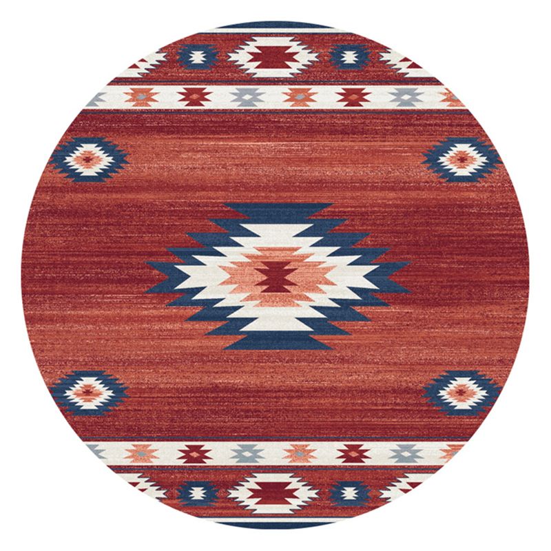 Round Red Tone Traditional Carpet Polyester Tribal Pattern Indoor Rug Stain Resistant Rug for Home Decor