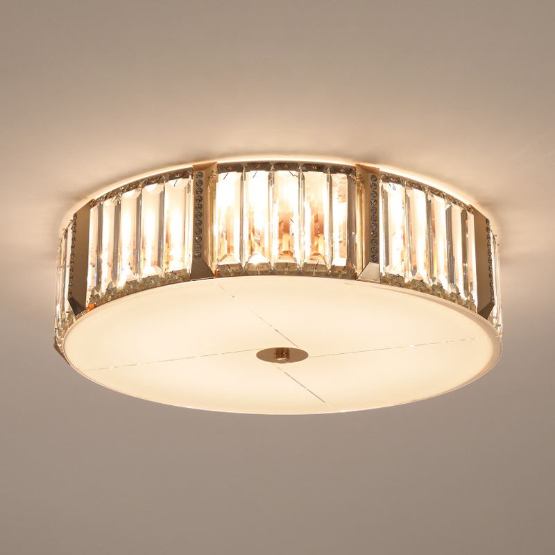 Gold 6 Bulbs Flush Light Fixture Modern Faceted Crystal Drum Flush Mount Lighting for Bedroom