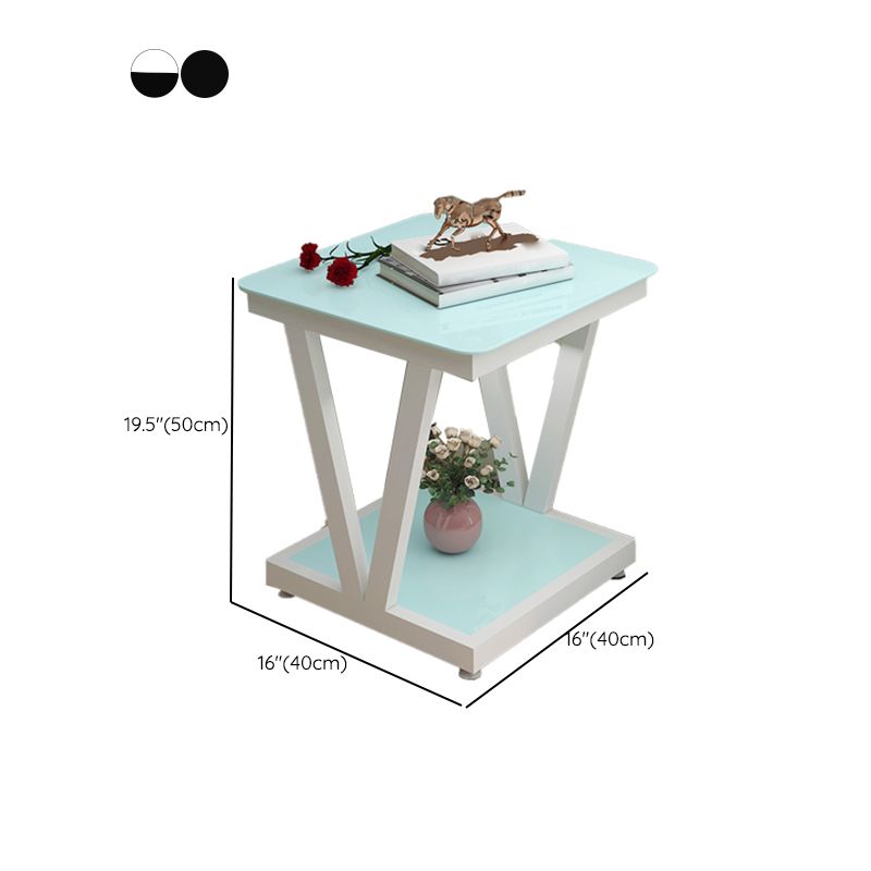 Modern 23.22" Tall Square Glass Top Side Table Steel Trestle Base End Table with Shelf