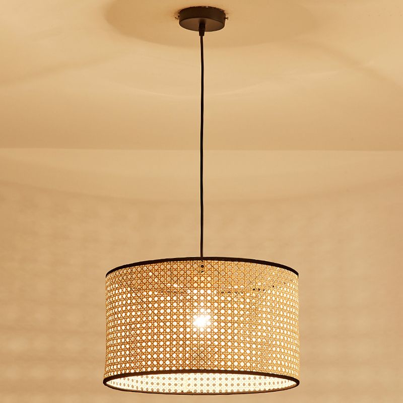 Bamboo Drum-Shaped Ceiling Pendant Lamp Modern Style Suspension Pendant Light in Beige