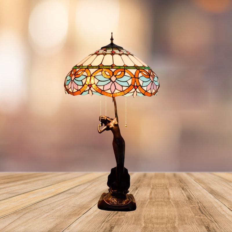 3-Head Nightstand Lamp Mediterranean Spikelet Beige/Teardrop-Edge Blue and White/Flower Blue and Brown Glass Table Light with Pulling Chain