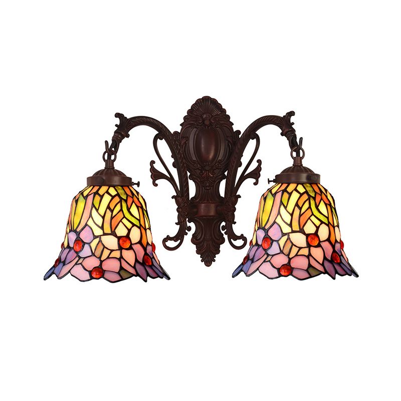 2 Heads Corridor Wall Lighting Fixture Victorian Copper Petal Patterned Wall Lamp with Bell Stained Glass Shade