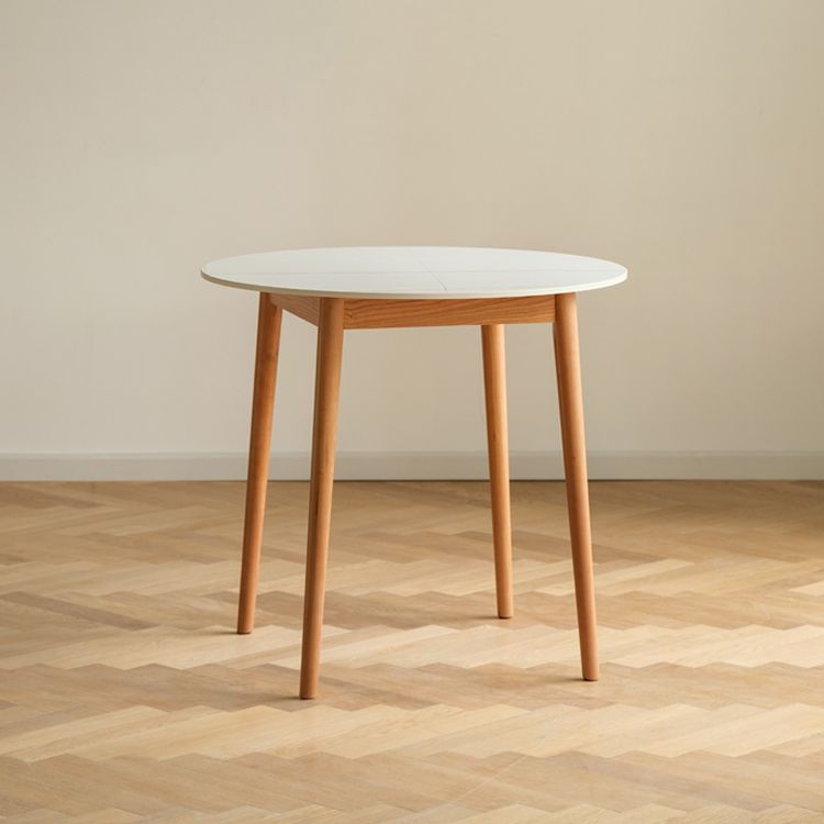 Contemporary Round Dining Table White Sintered Stone Table with 4 Cherry Wood Legs