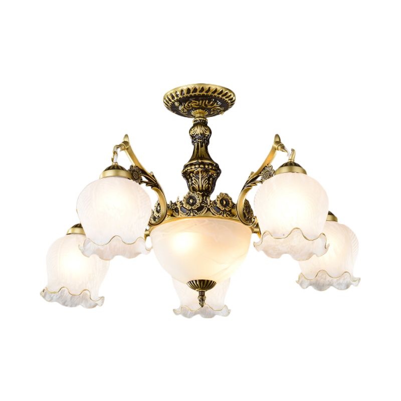 Bronze Finish Floral-Shape Semi Mount Lighting Warehouse White Glass 7/9/11-Light Living Room Ceiling Flush