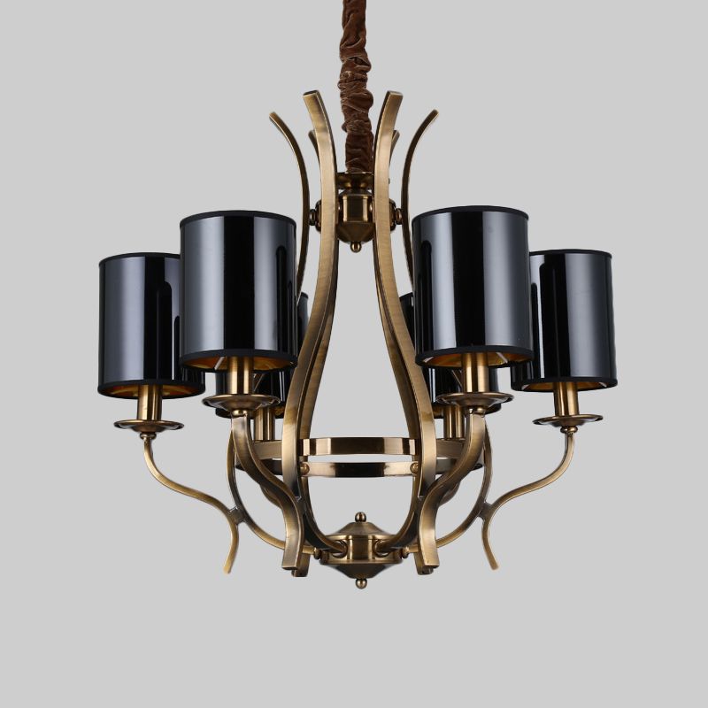 6/8 Heads Pendant Chandelier Countryside Bedroom Metal Hanging Light Fixture with Cylinder PVC Shade in Black
