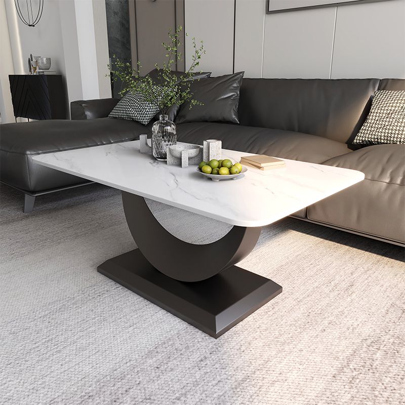 Glam Stone Coffee Table with Steel Pedestal Base and Rectangle Top
