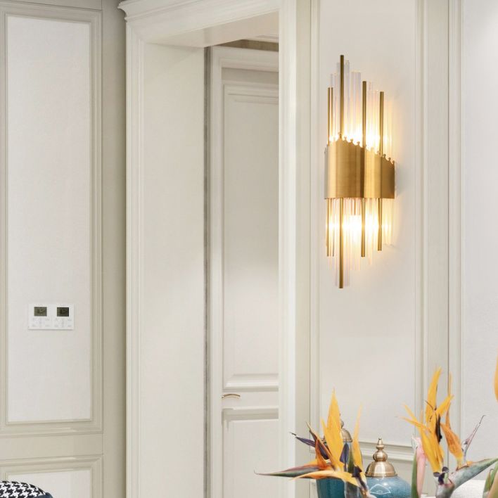 Fluted Crystal Flush Wall Sconce Postmodern Style 2-Bulb Gold Wall Lamp for Living Room