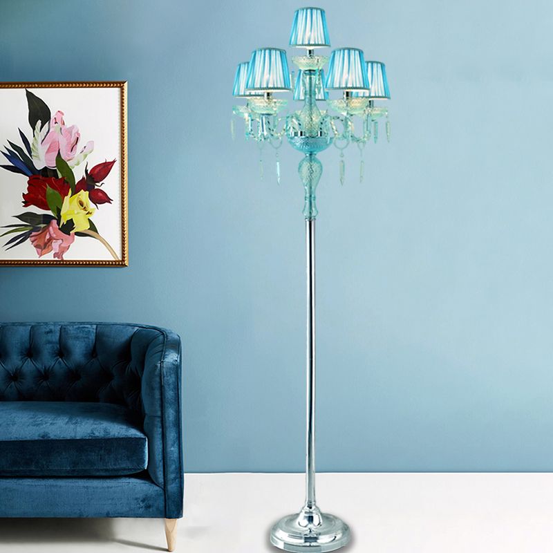 Blue 5/6/7-Bulb Standing Light Traditional Crystal Candelabra Reading Floor Lamp with Barrel Pleated Shade
