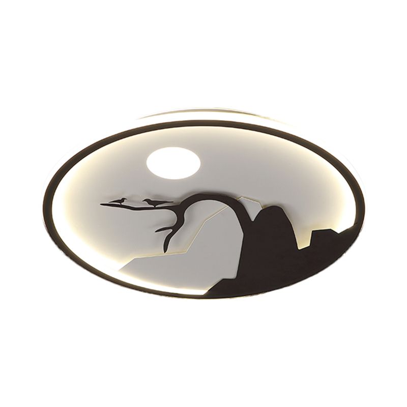 Mur rond métallique Mur moulé léger de style asiatique lampe murale murale avec lune et motif d'oiseau / lotus en noir