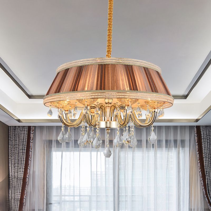 Kaki drum plafond kroonluchter modernisme 8 hoofden geplooide stof hangende verlichting met kristaldruppel
