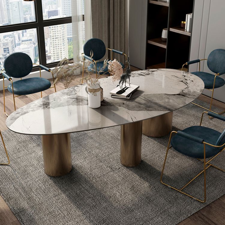 Oval Traditional Luxury Dining Table White Sintered Stone Table with 3 Metal Legs