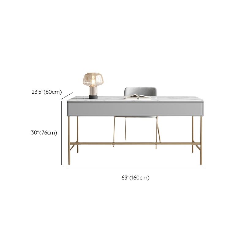 Modern Stone Office Desk Rectangular Shape Task Desk with 2-Drawers in Grey and Gold