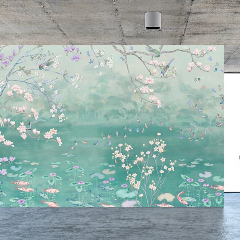Spring Blossom Lotus Pond Mural Contemporary Waterproof Bedroom Wall Covering, Custom Made