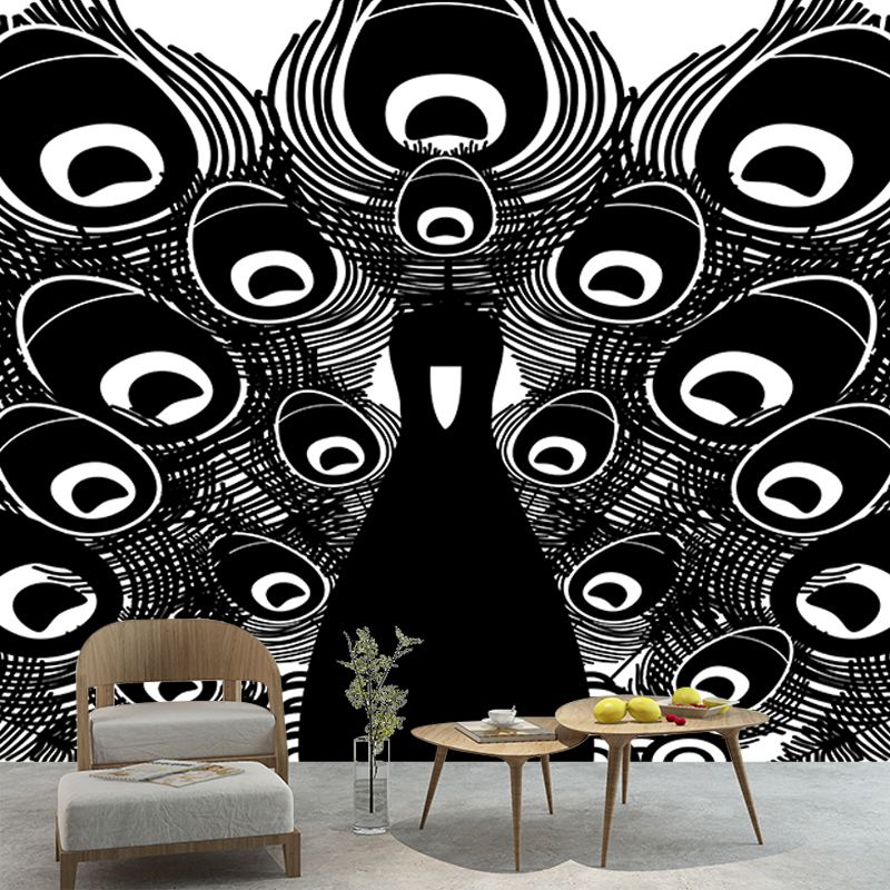 Tropical Peacock Illustration Mural Wallpaper for Sitting Room Wall Covering in Soft Color