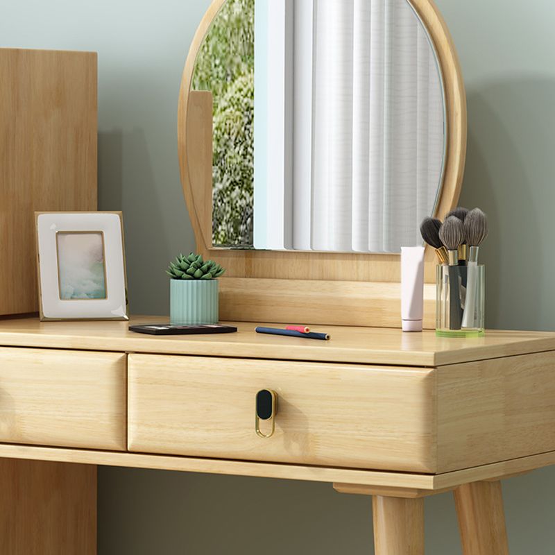 Wood Vanity Set with Stool and Mirror Scandinavian 4 Drawers Dresser