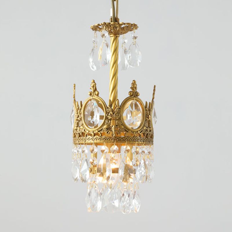 1 Bulb Faceted Crystal Droplet Pendant Vintage Gold Crown Living Room Ceiling Hanging Light