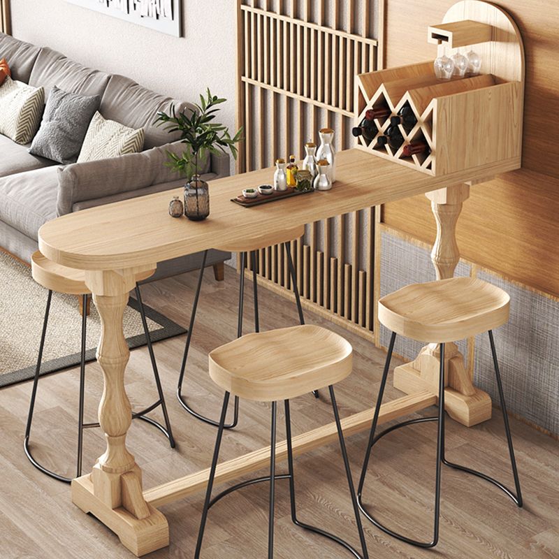 Trestle Base Bar Table Contemporary Solid Wood Bar Dining Table with Wine Rack