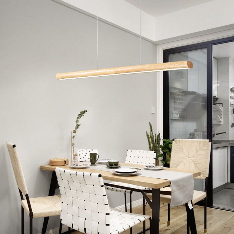 Nordic Rod Shaped Island Lamp Wooden Dining Room LED Linear Pendant Light in Beige