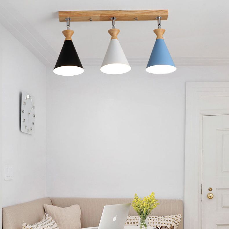 Wooden Cone Semi Flush Mount in Modern Creative Style Iron 3-Light Ceiling Light for Dining Room