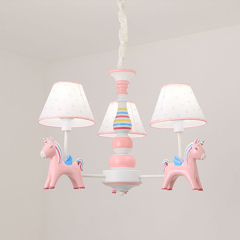 Resin Rainbow Unicorn Chandelier Light Cartoon Pink Ceiling Pendant with Tapered Fabric Shade for Nursery