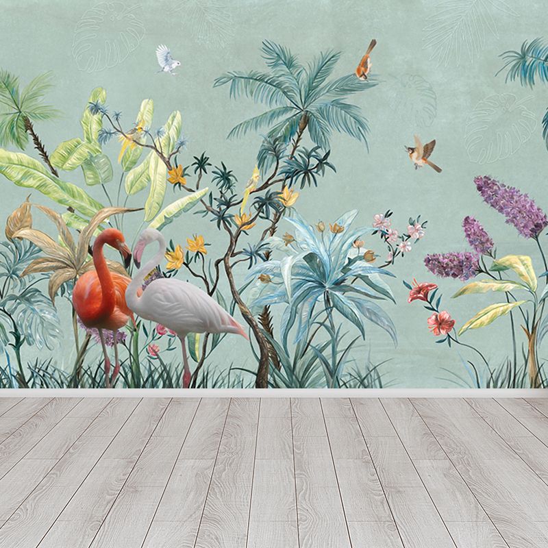 Big Flamingo Mural Decal Tropix Misty Lake Scenery Wall Art in Blue for House Interior