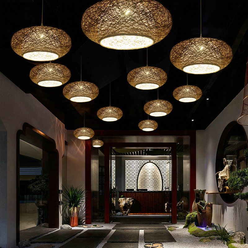 Minimalist Round Pendant Lighting Fixture Rattan 1 Head Tearoom Ceiling Hang Lamp in Dark Tan