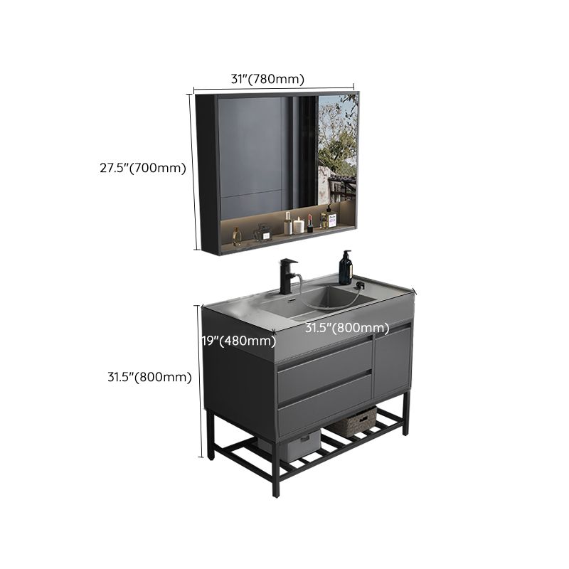 Single Sink Grey Vanity Shelving Included Mirror Rectangle Vanity with 2 Drawers