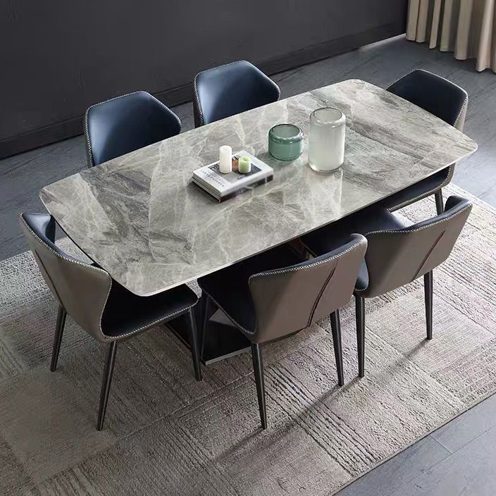 Mesa de comedor de lujo tradicional rectángulo Mesa de piedra sinterizada gris con base de pedestal de metal negro