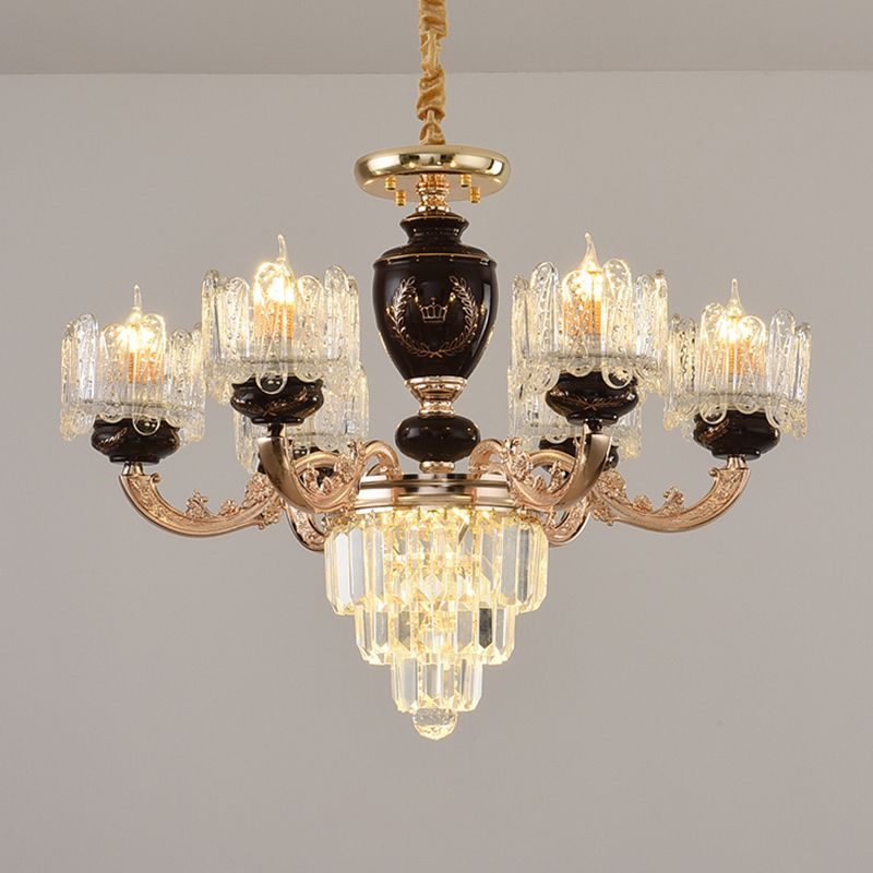 Black and Gold Drum Suspension Lighting Traditional Crystal 6 Heads Dinning Room Chandelier
