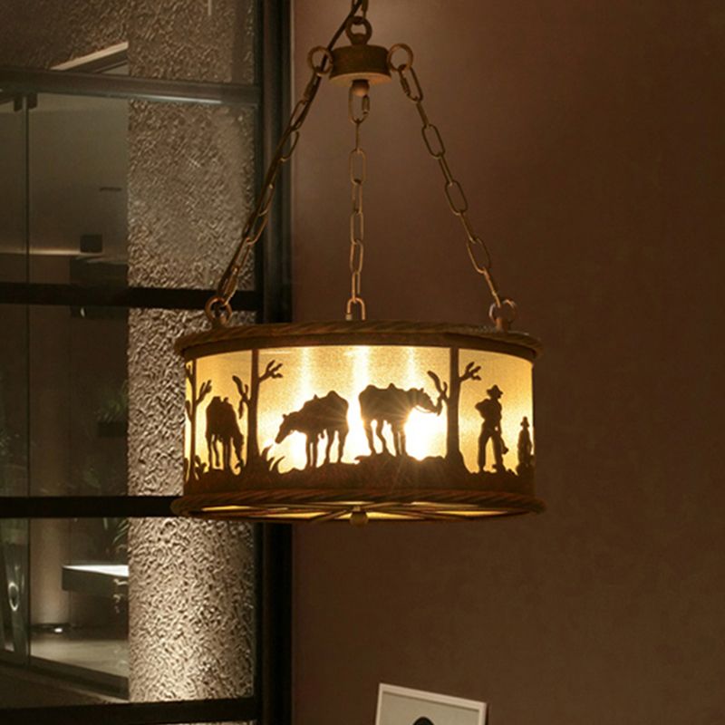 3 Bulbe Plafond tambour Shade Metal and Fabric Vintage Dining Room Prendant Pendant Light in Rust with Animal Model