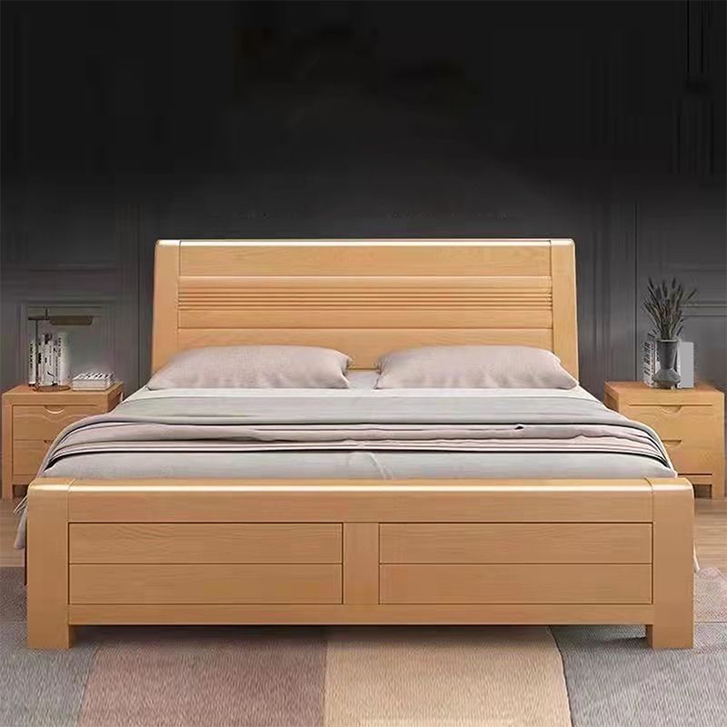 Scandinavian Natural Wooden Sleigh Bed with Rectangular Headboard