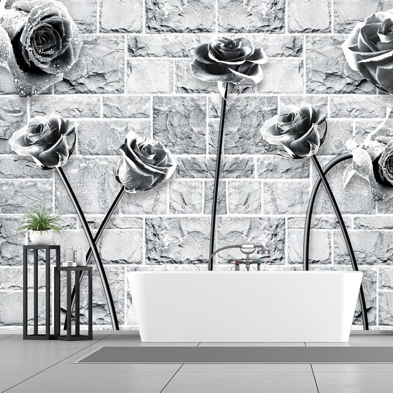 Rose and Brick Wallpaper Mural Black-White Contemporary Wall Covering for Bedroom