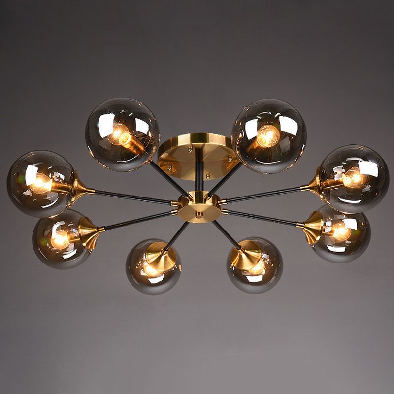 Lámpara de techo radial con acabado de latón, iluminación semimontada de metal posmoderno con pantalla de cristal esférica